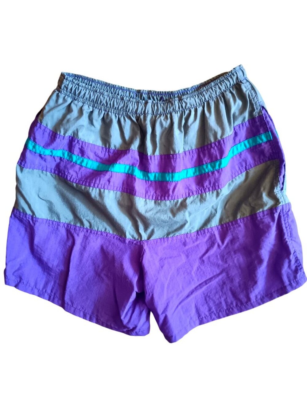 Small Vintage Swim Trunks Nylon Purple & Teal Stripes Colorblock Surf Odyssey